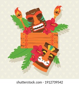 Tiki cartoons with wood banner design of Hawaiian tropical summer and exotic theme Vector illustration