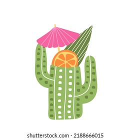 Tiki cocktail in green cactus glass. Citrus bar cocktail. Summer drink, alcohol. Icon on white