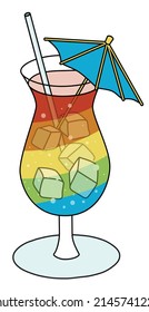 Tiki cocktail in hurricane glass in rainbow LGBT equality flag colors. For gay bar diversity pride party invitations, cards or stickers. Doodle cartoon illustration isolated on white background