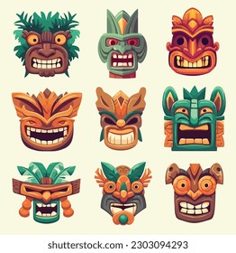 Tiki Colorful Mask, Tribal Wooden Totems, Ornamental Hawaiian Mask, Fantasy Mask Sculpture