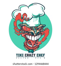 Tiki crazy chef.  Can be used for creating logo, posters, flyers, emblem, prints, web. Hand drawn vector illustration
