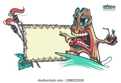 Tiki the crazy surfer. Tropical exotic, torches and bamboo signboard. Hawaiian traditional elements