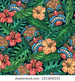 Tiki culture colorful seamless pattern with faces of Hawaiian gods made of wood among leaves of tropical plants vector illustration