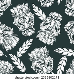 Tiki demons monochrome seamless pattern with masks of evil spirits grinning teeth and plant petals vector illustration