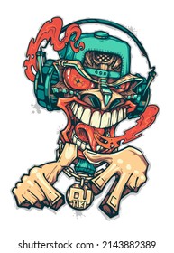 Tiki DJ. Tiki rapper. Can be used for creating logo, posters, flyers, emblem, prints, web. Hand drawn vector illustration