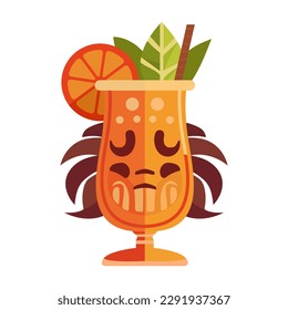 Tiki exotic cocktail in mug with Tiki mask. Hawaiian traditional elements. Isolated on white background. Vector illustration.