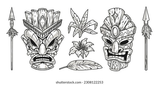 Tiki faces monochrome set label with hawaiian masks and spears or plant petals and flowers vector illustration