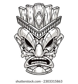 Tiki god mask label monochrome with sculpture from hawaiian culture for beach party invitation poster design vector illustration