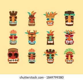 tiki god, wooden african sculpture traditional, icons vector illustration