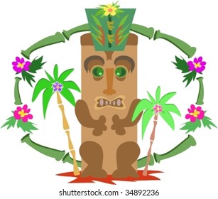 Tiki with Hat in Bamboo Frame Vector