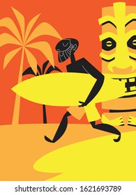 Tiki Hawaii Beach Design. Vector Graphic. Surf Boy.