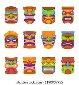 Tiki hawaii mask icon set on white background. Wooden or stone bright carving in humanoid form. Vector flat style cartoon hawaiian elements illustration isolated on white background