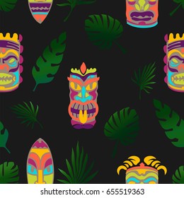 Tiki hawaiian mask summer vector illustration with tropical palm leaves seamless pattern