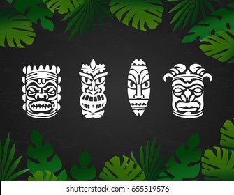 Tiki hawaiian mask summer vector illustration with tropical palm leaves 