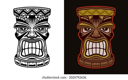 Tiki hawaiian tribal wooden head vector illustration in two styles black on white and colorful on dark background