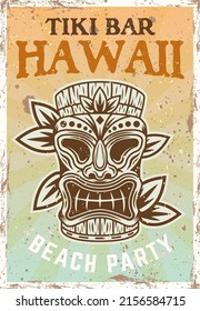 Tiki head colored vintage poster with traditional hawaiian tribal wooden mask , sample text and grunge textures on separate layers vector illustration on bright background