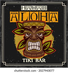 Tiki head hawaiian wooden tribal idol vector colored decorative illustration in vintage style with text and grunge textures on separate layers
