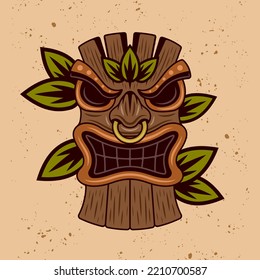 Tiki head and leaves vector illustration in colorful cartoon style isolated on light background