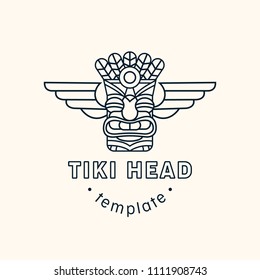 Tiki Head Mask Totem Vector Logo Template. Minimalistic Line Illustration Of Hawaiian Culture.