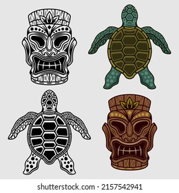 Tiki head and sea turtle hawaiian set of vector objects in two styles colored and black and white