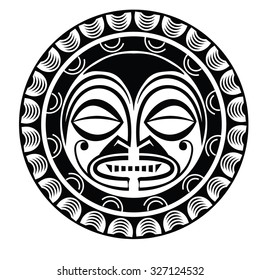 Tiki is human-like figure that represents Polynesian semi-gods. Tiki used  as the Maori amulets and rituals  and in tattoo art. Sacred sign and symbols.Human emotion - happy. Stock vector.