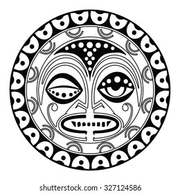 Tiki is human-like figure that represents Polynesian semi-gods. Tiki used  as the Maori amulets and rituals  and in tattoo art. Sacred sign and symbols.Human emotion - inhumanity. Stock vector.
