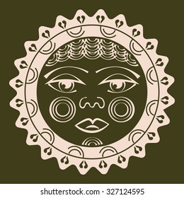 Tiki is human-like figure that represents Polynesian semi-gods. Tiki used  as the Maori amulets and rituals  and in tattoo art. Sacred sign and symbols. Pink sun on dark background. Stock vector.