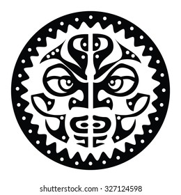 Tiki is human-like figure that represents Polynesian semi-gods. Tiki used  as the Maori amulets and rituals  and in tattoo art. Sacred sign and symbols.Human emotion -concentration. Stock vector.
