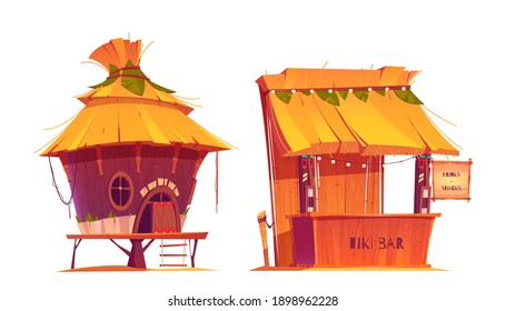 Tiki hut bar, hawaii beach wooden construction with hay roof and bamboo menu, tropical cabin on piles for selling drinks or snacks, summer party shacks, Cartoon vector illustration, icons, clip art