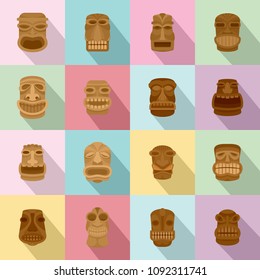 Tiki idol aztec hawaii face icons set. Flat illustration of 16 tiki idol aztec hawaii face vector icons for web