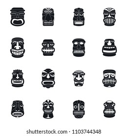 Tiki idol aztec hawaii face icons set. Simple illustration of 16 tiki idol aztec hawaii face vector icons for web