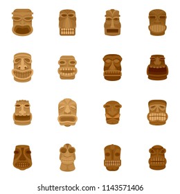 Tiki idol aztec hawaii face icons set. Flat illustration of 16 tiki idol aztec hawaii face vector icons isolated on white