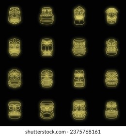 Tiki idol aztec hawaii face icons set. Outline illustration of 16 tiki idol aztec hawaii face vector icons neon color on black