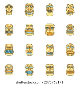 Tiki idol aztec hawaii face icons set. Outline illustration of 16 tiki idol aztec hawaii face vector icons thin line color flat on white