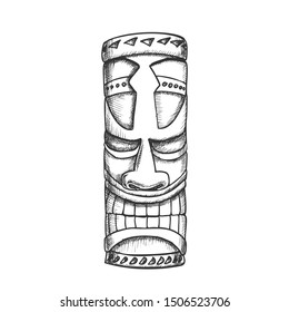 Tiki Idol Hawaiian Wooden Statue Monochrome Vector. Traditional Haaii God Idol. Antique Scary Totem Sculpture Concept Template Designed In Vintage Style Black And White Illustration