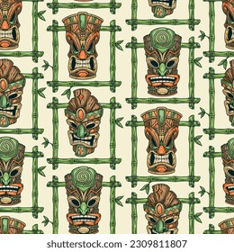 Tiki idol pattern seamless colorful with wooden masks or totems to protect premises from evil spirits vector illustration