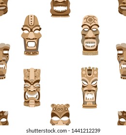 Tiki idol statue seamless pattern. Pacifiс island or african tribal mask statue vector illustration. Islands God faces endless walpaper pattern.
