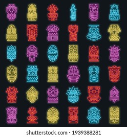 Tiki idols icon set. Outline set of tiki idols vector icons neon color on black