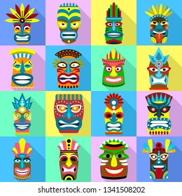 Tiki idols icons set. Flat set of tiki idols vector icons for web design