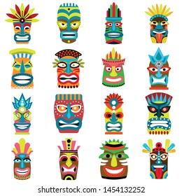 Tiki idols icons set. Flat set of tiki idols vector icons for web design