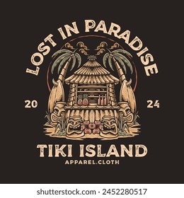 Ilustración de estilo vintage de la barra de la isla de Tiki para el diseño de la camiseta