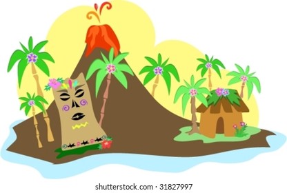 Tiki Island with Volcano Vector