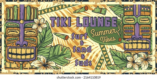 Tiki lounge. Summer surfing bar poster with tropical leaves