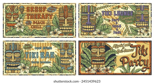 Salón Tiki. Cartel del bar de surf de verano con hojas tropicales. Colección de máscara de tiki de madera de Hawái. Ídolo étnico tradicional hawaiano, maorí o polinesio. Antiguo tótem tribal para el bar tiki.