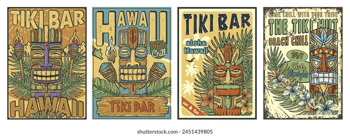 Tiki lounge. Summer surfing bar poster set with tropical leaves. Hawaii wooden tiki mask collection. Traditional ethnic idol of hawaiian, maori or polynesian. Old tribal totem for tiki bar.