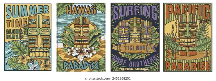 Tiki lounge. Summer surfing bar poster set with tropical leaves. Hawaii wooden tiki mask collection. Traditional ethnic idol of hawaiian, maori or polynesian. Old tribal totem for tiki bar.
