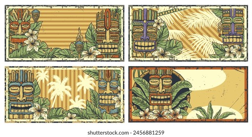 Tiki lounge. Summer surfing bar poster set with tropical leaves. Hawaii wooden tiki mask collection. Traditional ethnic idol of hawaiian, maori, polynesian. Old tribal totem for tiki bar. Text space.