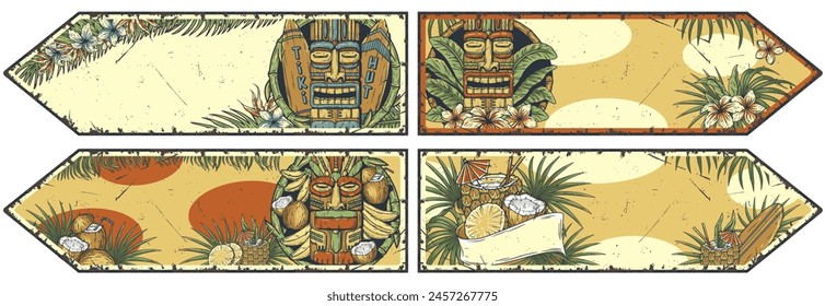 Tiki lounge. Summer surfing bar poster set with tropical leaves. Hawaii wooden tiki mask collection. Traditional ethnic idol of hawaiian, maori, polynesian. Old tribal totem for tiki bar. Text space.