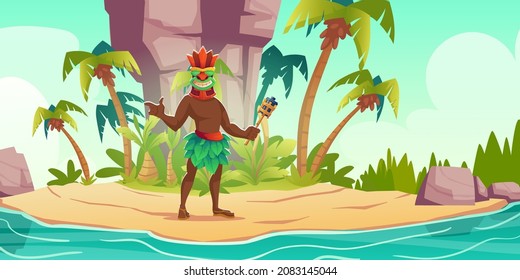 Tiki man in mask holding torch in hand on tropical island, aboriginal native male character with tribal wooden totem, hawaiian or polynesian personage with toothy face Cartoon vector illustration