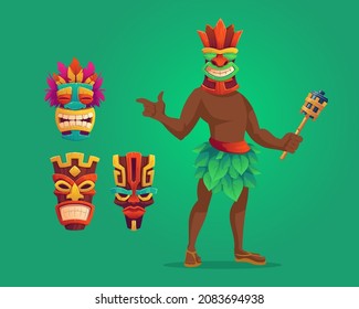 Tiki man with torch and masks, tribal wooden totems, hawaiian or polynesian attributes and aborigine in decorated mask with toothy mouth grimace isolated design elements, Cartoon vector icons set